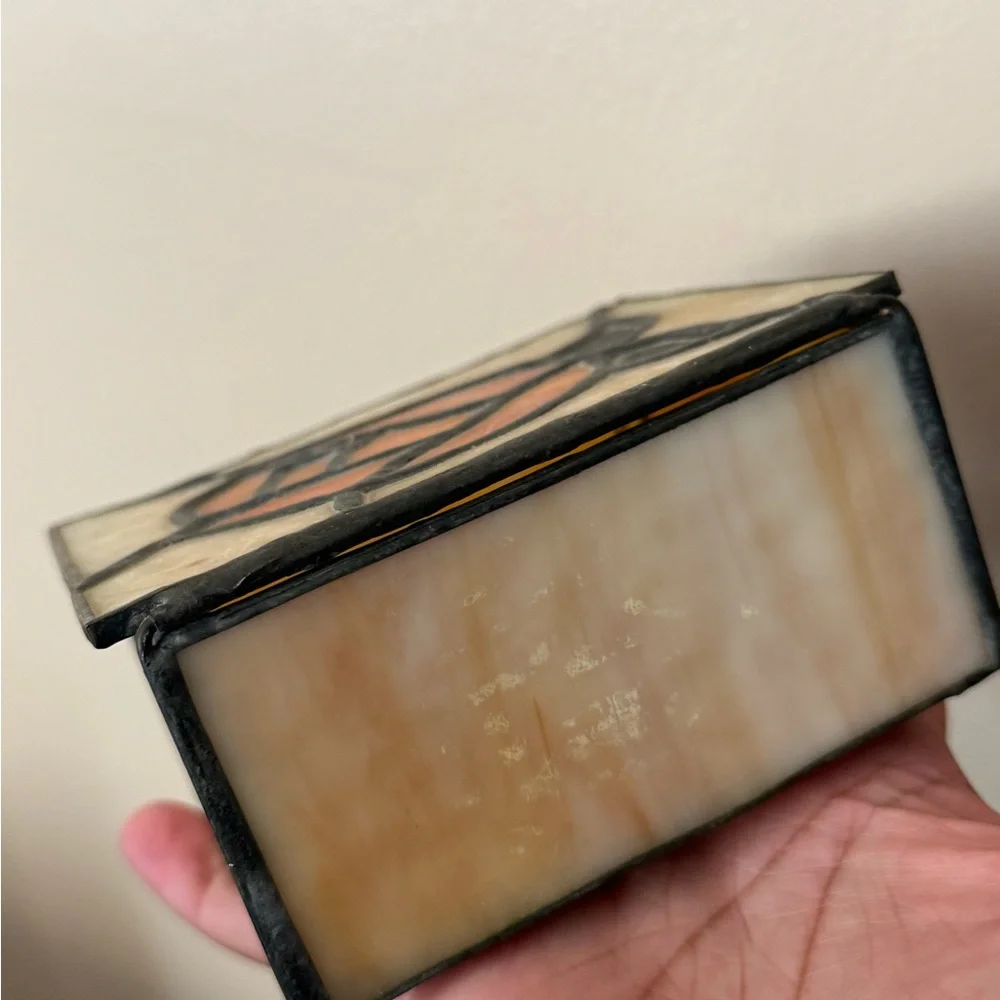 VTG Stained Glass Trinket Box Lovely‎ Tiffany Style Orange Rose Flower 4.5x4” T